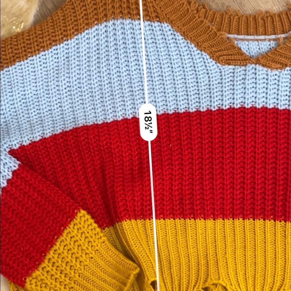 Colorblock striped red blue yellow ripped distressed sweater - Picture 4 of 5